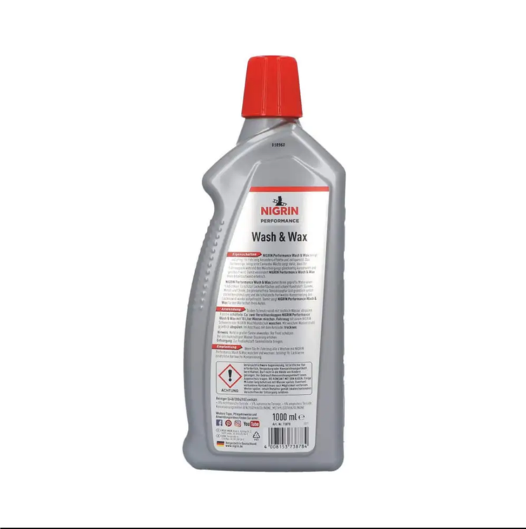 شامپو کارنوبا واکس نیگرین NIGRIN، حجم ۱ لیتر، مخصوص رنگ بدنه ی خودرو مدل WASH & WAX 2in1